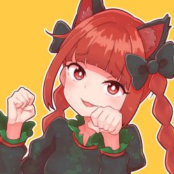 Rule 34 | 1girl, :3, animal ear fluff, animal ears, black bow, black dress, blunt bangs, bow, braid, bright pupils, cat ears, dress, fang, hair bow, head tilt, highres, juliet sleeves, kaenbyou rin, kneeling, light blush, long hair, long sleeves, looking at viewer, multiple tails, orange background, outline, parted lips, paw pose, portrait, puffy sleeves, red eyes, red hair, sidelocks, signature, simple background, solo, tail, touhou, twin braids, twintails, two tails, upper body, white outline, white pupils, zanasta0810