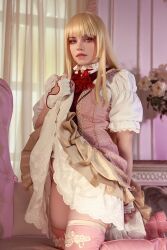 1girl ashenreina blonde_hair boots clothes_lift cosplay curtains dress dress_lift emilie_de_rochefort emilie_de_rochefort_(cosplay) high_heels long_hair looking_at_viewer photo_(medium) real_life tekken tekken_8 thick_thighs thighs