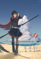 Rule 34 | advarcher, bad id, bad pixiv id, beach umbrella, bird, black hair, blue skirt, boots, cape, capelet, character request, cloud, crescent rose, cross-laced footwear, day, highres, lace-up boots, lolita fashion, no symbol, nora valkyrie, ocean, pantyhose, red cape, ruby rose, rwby, sand, seagull, short hair, skirt, smile, umbrella, water