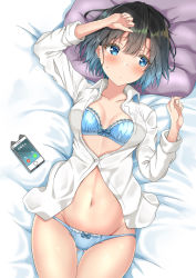 Rule 34 | 1girl, arm up, bare legs, bed sheet, black hair, blue bra, blue eyes, blue hair, blue panties, blush, bow, bow bra, bow panties, bra, breasts, cellphone, closed mouth, collared shirt, commentary request, frilled panties, frills, gluteal fold, gradient hair, highres, lying, mole, mole on breast, mole on thigh, multicolored hair, navel, on back, open clothes, open shirt, original, panties, phone, pillow, shirt, short hair, small breasts, smartphone, smartphone case, solo, sunsun2812, unbuttoned, unbuttoned shirt, underwear, white shirt