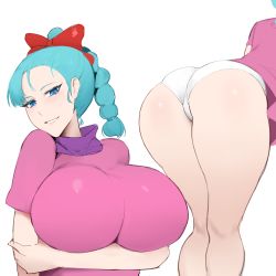 Rule 34 | 1girl, arm under breasts, ass, blue eyes, blue hair, braid, breast hold, breasts, bulma, dragon ball, dragon ball (classic), dress, eyelashes, huge breasts, kisou (kisou00), large breasts, legs, panties, pink dress, ponytail, red ribbon, ribbon, simple background, smile, solo, thighs, underwear, white panties