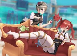 Rule 34 | 2girls, alternate costume, arms behind back, blurry, blurry background, blush, bound, bound arms, bound legs, brown hair, couch, dantes ward, feet, frederica nikola tesla, frills, gloves, hair over one eye, highres, honkai (series), honkai impact 3rd, horns, maid, multiple girls, no shoes, pantyhose, puffy sleeves, purple eyes, red eyes, red hair, restrained, rita rossweisse, rita rossweisse (umbral rose), shibari, single glove, tied up, twintails