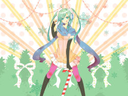 Rule 34 | 1girl, :q, ahoge, arishiki, boots, candy, candy cane, cross-laced footwear, elbow gloves, fingerless gloves, food, gloves, green eyes, green hair, hatsune miku, headphones, highres, knee boots, lace-up boots, long hair, matching hair/eyes, pantyhose, scarf, skirt, smile, snowflakes, solo, tongue, tongue out, twintails, vocaloid