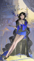 Rule 34 | 1girl, black hair, blue dress, breasts, cleavage, commentary request, dress, facing viewer, floating, floating object, full body, high heels, holding, holding paintbrush, holding palette, indoors, legs, light rays, loaded interior, long hair, looking to the side, mallllma, medium breasts, on stool, original, paint tube, paintbrush, palette (object), sitting, smile, solo, very long hair, wavy hair, wide sleeves