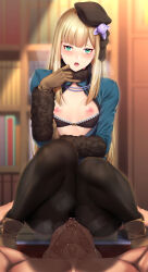 1boy 1girl beret black_hat black_pantyhose blonde_hair blue_dress blue_jacket blue_scarf blush bra breasts brown_gloves cropped_jacket cunnilingus dress fate_(series) flower fur_collar gloves green_eyes grey_flower grey_rose hat hetero highres jacket long_hair long_sleeves looking_at_viewer lord_el-melloi_ii_case_files nipples oral pantyhose reines_el-melloi_archisorte rose scarf sidelocks sitting sitting_on_person small_breasts thighs tilted_hat underwear zucchini