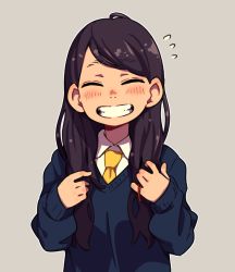 Rule 34 | 1girl, ammonio, black hair, blush, closed eyes, collared shirt, flying sweatdrops, grey background, grin, long hair, long sleeves, necktie, nose blush, original, shirt, simple background, smile, solo, sweater, swept bangs, teeth, upper body