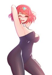 Rule 34 | 1girl, alternate costume, armpits, arms behind head, black leotard, blush, breasts, bright pupils, chest jewel, detached collar, highres, jewelry, leotard, looking at viewer, medium breasts, one eye closed, pantyhose, playboy bunny, pyra (xenoblade), red eyes, red hair, short hair, sideboob, simple background, solo, strapless, strapless leotard, swept bangs, tiara, twitter username, wannabepyx, white background, white pupils, xenoblade chronicles (series), xenoblade chronicles 2