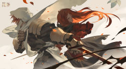 Rule 34 | 1boy, 1girl, armor, back-to-back, copyright name, covered mouth, cowboy shot, dress, gloves, holding, holding sword, holding weapon, hood, long hair, manly, pauldrons, petals, pixiv fantasia, pixiv fantasia fallen kings, red eyes, red hair, rei (sanbonzakura), scarf, shoulder armor, sword, tabard, torn clothes, weapon, wind