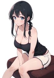 Rule 34 | 1girl, :/, absurdres, arms between legs, bare arms, bare legs, bare shoulders, black camisole, black hair, blue eyes, braid, braided ponytail, breasts, camisole, cleavage, closed mouth, collarbone, feet out of frame, hair between eyes, hair over shoulder, highres, knees together feet apart, kuraim, large breasts, light blush, long hair, looking at viewer, original, ponytail, raised eyebrow, shorts, sidelocks, sideways glance, simple background, sitting, solo, spaghetti strap, strap gap, white background, white shorts