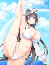 Rule 34 | 1girl, animal ears, arm up, armpits, azur lane, bikini, black hair, blue sky, blunt bangs, breasts, cleavage, cloud, cloudy sky, commentary request, cow ears, cow girl, cow horns, cow tail, detached sleeves, ebino mayo, hair between eyes, horns, kashino (azur lane), kashino (hot springs relaxation) (azur lane), large breasts, leg up, long hair, looking at viewer, midriff, navel, parted lips, purple eyes, rainbow, see-through, see-through sleeves, sidelocks, sky, solo, split, standing, standing on one leg, standing split, swimsuit, tail, white bikini