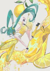 Rule 34 | 1girl, aqua eyes, aqua hair, boots, commentary, dress, english commentary, food, fruit, full body, hatsune miku, highres, lemon, long hair, looking at viewer, lunar (lunar 815), open mouth, sleeveless, smile, solo, twintails, very long hair, vocaloid, wristband, yellow dress, yellow footwear