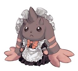 Rule 34 | animal ears, black eyes, commentary request, digimon, digimon (creature), fang, highres, horns, looking up, lop rabbit ears, lopmon, maid, maid headdress, rabbit ears, sayoko404, simple background, solo, white background