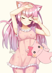 Rule 34 | 1girl, animal ear fluff, animal ears, arm up, blush, bow, breasts, brown background, cat ears, cat girl, cat tail, closed eyes, closed mouth, collarbone, copyright request, facing viewer, frilled shirt, frills, heart, heart print, highres, long hair, pajamas, pants, pink hair, pink pajamas, pink pants, pink shirt, print pajamas, print pants, print shirt, red bow, shirt, signature, simple background, sleeveless, sleeveless shirt, small breasts, smile, solo, stuffed animal, stuffed cat, stuffed toy, tail, tail raised, very long hair, virtual youtuber, win opz