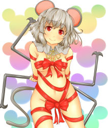 Rule 34 | 1girl, animal ears, bow, breasts, dowsing rod, female focus, fukunaga kazuhiro, grey hair, groin, highres, looking at viewer, mouse ears, mouse tail, naked ribbon, nazrin, red eyes, ribbon, smile, solo, tail, touhou