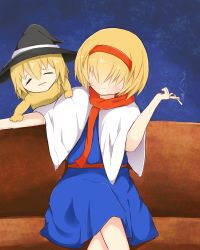 Rule 34 | 1girl, akabeco, black hat, blonde hair, cigarette, cookie (touhou), faceless, faceless female, hat, highres, holding, holding cigarette, jigen (cookie), koga (cookie), short hair, touhou, witch hat