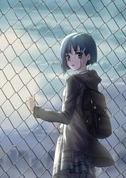 Rule 34 | 1girl, backpack, bag, black bag, black hoodie, blue hair, blue skirt, breasts, chain-link fence, chinese commentary, cowboy shot, darling in the franxx, fence, green eyes, grey pantyhose, hair ornament, hairclip, hand on wall, highres, hood, hood down, hoodie, ichigo (darling in the franxx), looking back, pantyhose, parted lips, pleated skirt, school uniform, shirt, short hair, skirt, small breasts, solo, standing, white shirt, xsk (ruanmumu)