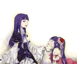 Rule 34 | 2girls, blue hair, bow, cat tail, chain, dress, flower, frederica bernkastel, frills, furudo erika, grin, hair flower, hair ornament, hand on another&#039;s face, hime cut, lolita fashion, long hair, multiple girls, profile, purple eyes, ribbon, sanctuary-of-apricot, smile, tail, twintails, umineko no naku koro ni, witch