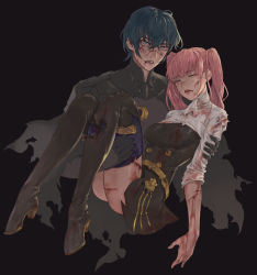 Rule 34 | 1boy, 1girl, absurdres, armor, black background, black gloves, blood, blue eyes, blue hair, breasts, byleth (fire emblem), byleth (male) (fire emblem), carrying, carrying under arm, closed eyes, couple, fire emblem, fire emblem: three houses, garreg mach monastery uniform, gloves, hetero, highres, hilda valentine goneril, injury, kirr rr, kneehighs, large breasts, nintendo, parted lips, pink hair, princess carry, scratches, skirt, socks, torn clothes, twintails