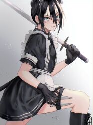 Rule 34 | 1boy, apron, aqua eyes, black dress, black footwear, black gloves, black hair, black ribbon, boots, cross-laced footwear, crossdressing, dress, facial mark, folded ponytail, frilled apron, frilled sleeves, frills, gloves, hair between eyes, highres, holding, holding sword, holding weapon, kunai, lace-up boots, looking at viewer, maid, maid apron, maid headdress, male focus, minouchi, neck ribbon, one-punch man, onsoku no sonic, ribbon, simple background, smile, solo, sword, thigh strap, trap, weapon