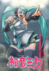 Rule 34 | 1girl, ;), aqua hair, black thighhighs, blue eyes, breasts, contrapposto, cosplay, detached sleeves, gradient background, hatsune miku, hatsune miku (cosplay), headphones, highres, large breasts, long hair, mask, medium breasts, microphone, name connection, necktie, niwagenji, one eye closed, plump, pointing, pointing forward, pun, rainbow mika, skirt, smile, solo, standing, street fighter, street fighter v, thighhighs, twintails, vocaloid
