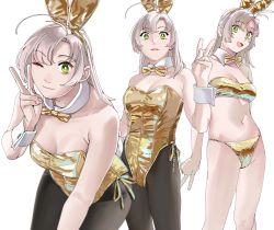 Rule 34 | 1girl, alternate costume, animal ears, antenna hair, bikini, black pantyhose, bow, bowtie, breasts, cleavage, commentary, detached collar, fake animal ears, gold bikini, gold bowtie, gold hairband, gold leotard, green eyes, grey hair, hairband, highres, kantai collection, kinugasa (kancolle), leotard, long hair, looking at viewer, medium breasts, multiple views, navel, ojipon, one eye closed, open mouth, pantyhose, playboy bunny, rabbit ears, rabbit tail, smile, standing, stomach, strapless, strapless leotard, swimsuit, symbol-only commentary, tail, v, wrist cuffs