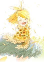 Rule 34 | 1girl, absurdres, apron, blonde hair, blue dress, bon bon eee, bouquet, bow, closed eyes, dress, falling petals, field, flower, flower field, frilled apron, frilled dress, frills, hair bow, hair ornament, hairclip, happy, highres, holding, holding bouquet, kagamine rin, open mouth, petals, pov, short hair, sidelocks, smile, solo, sunflower, sunflower field, swept bangs, teeth, tongue, upper body, vocaloid, white apron, white background, white bow