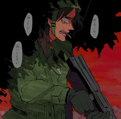 Rule 34 | 1boy, @ @, alternate costume, army, bad gun anatomy, black background, black hair, cigarette, coat, combat helmet, commentary request, crying, crying with eyes open, gloom (expression), gloves, green coat, green gloves, green headwear, green pants, gun, helmet, highres, holding, holding gun, holding weapon, inudori, itou kaiji, kaiji, long hair, looking afar, male focus, medium bangs, military, open mouth, pants, pouch, profile, red background, red sky, rifle, sky, smoking, soldier, solo, tears, teeth, translated, tree, upper body, war, weapon