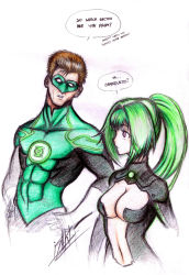 Rule 34 | 10s, 1boy, 1girl, arms at sides, breasts, cowboy shot, crossover, dc comics, english text, from side, green hair, green heart (neptunia), green lantern, green lantern (series), green lantern corps, hair intakes, hal jordan, hands on own hips, highres, isaki tanaka, large breasts, muscular, muscular female, name connection, neptune (series), revealing clothes, simple background, skin tight, standing, vert (neptunia), white background