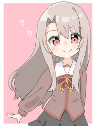 Rule 34 | 1girl, black skirt, blush stickers, brown hair, brown shirt, closed mouth, commentary request, fate/kaleid liner prisma illya, fate (series), hair between eyes, heart, highres, illyasviel von einzbern, kapuru 0410, long hair, long sleeves, looking at viewer, parted bangs, pink background, pleated skirt, puffy long sleeves, puffy sleeves, red eyes, school uniform, shirt, skirt, smile, solo, two-tone background, very long hair, white background
