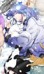 Rule 34 | 1boy, animal, animal hug, animal on lap, antenna hair, black cat, black pants, black shirt, blue flower, blue hair, brown cat, cat, closed eyes, feet out of frame, flower, gradient clothes, gradient jacket, grey cat, hair between eyes, hair bun, hakuto nochi, highres, hitodama, holostars, jacket, long hair, long sleeves, low-tied long hair, lying, male focus, minase rio, multicolored hair, on lap, on side, orange cat, pants, parted lips, pillow, pink flower, profile, purple hair, purple jacket, red flower, shirt, sleeping, solo, streaked hair, torn clothes, torn pants, untucked shirt, virtual youtuber, white cat, white jacket, yellow flower