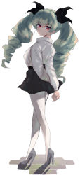 Rule 34 | 1girl, anchovy (girls und panzer), anzio school uniform, arms behind back, black ribbon, black skirt, commentary, dress shirt, drill hair, from side, full body, girls und panzer, green hair, grey footwear, hair ribbon, high heels, highres, long hair, long sleeves, looking at viewer, miniskirt, mityubi, pantyhose, parted lips, pleated skirt, red eyes, ribbon, round eyewear, school uniform, shirt, shoes, simple background, skirt, smirk, smug, solo, standing, twin drills, twintails, white background, white pantyhose, white shirt, wing collar