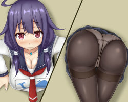 Rule 34 | 10s, 1girl, ahoge, ass, bent over, black pantyhose, black skirt, blush, breasts, cleavage, crotch seam, from behind, huge ass, kantai collection, large breasts, long hair, looking at viewer, panties, panties under pantyhose, pantyhose, purple eyes, purple hair, sailor collar, shirt, skirt, solo, stuck, taigei (kancolle), terakoya, thighband pantyhose, through wall, underwear, wall, white shirt
