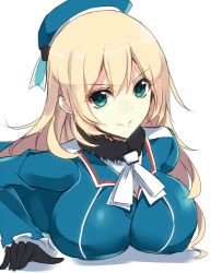 Rule 34 | &gt;:), 10s, 1girl, aosaki yukina, atago (kancolle), black gloves, blonde hair, breast rest, breasts, gloves, green eyes, hanging breasts, huge breasts, impossible clothes, impossible jacket, jacket, kantai collection, smile, solo, v-shaped eyebrows