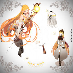 Rule 34 | 1girl, absurdres, bare shoulders, black choker, character sheet, chiizu namasu, choker, collarbone, fingernails, floral background, glowing, gre-chan, grey eyes, half-closed eyes, highres, holding, holding staff, long hair, lower teeth only, multiple views, nail polish, orange hair, orange nails, original, parted lips, simple background, sketch, staff, teeth, thighhighs, very long hair, wide sleeves, winter clothes