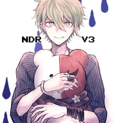 Rule 34 | 1boy, amami rantaro, blonde hair, bracelet, commentary request, copyright name, danganronpa (series), danganronpa v3: killing harmony, ear piercing, hugging object, jewelry, kyo722, looking at viewer, male focus, monotaro (danganronpa), necklace, piercing, scarf, shirt, short hair, smile, striped clothes, striped shirt, stuffed toy, thumb ring, upper body, yellow eyes