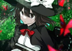 Rule 34 | 1girl, black capelet, black hair, black hat, black skirt, blurry, book, bow, brown eyes, bug, butterfly, butterfly on hat, capelet, commentary, depth of field, forest, hair between eyes, hat, hat bow, holding, holding book, insect, long hair, looking at viewer, nature, one-hour drawing challenge, parted lips, red bow, red butterfly, ribbon-trimmed skirt, ribbon trim, shirt, skirt, solo, souko illust, sweatdrop, touhou, upper body, usami renko, white bow, white shirt