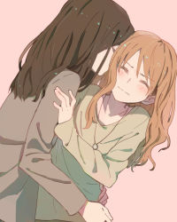 Rule 34 | 2girls, blush, breasts, brown hair, closed eyes, commentary request, hug, jewelry, kiss, long hair, long sleeves, multiple girls, necklace, original, pink background, sou (tuhut), yuri