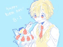 Rule 34 | 1boy, bad drawr id, bad id, blonde hair, blue background, character request, closed mouth, collared shirt, copyright request, dated, food, fruit, happy birthday, holding, holding spoon, light blush, male focus, necktie, oekaki, panko, parfait, polka dot necktie, puffy sleeves, red eyes, red necktie, shirt, short hair, simple background, smile, solo, spoon, strawberry, sweater vest, utensil in mouth, whipped cream, white shirt, yellow sweater vest