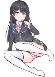 Rule 34 | 1girl, absurdres, black hair, black jacket, blazer, bow, bowtie, braid, closed mouth, clover, collared shirt, commentary request, four-leaf clover, full body, grey eyes, grey skirt, hair ornament, hairclip, hashiko nowoto, highres, holding, jacket, long hair, nijisanji, no shoes, panties, pink bow, pink bowtie, plaid, plaid skirt, school uniform, shirt, sidelocks, simple background, skirt, smile, solo, striped clothes, striped panties, sweater, thighhighs, tsukino mito, tsukino mito (1st costume), underwear, very long hair, virtual youtuber, white background, white shirt, white thighhighs