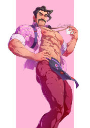 Rule 34 | 1boy, abs, artist name, bara, beard, black hair, card, collared shirt, creatures (company), evinist, facial hair, feet out of frame, game freak, hand on own hip, highres, large pectorals, loincloth, male focus, mature male, muscular, muscular male, nintendo, nipples, pants, pectorals, pokemon, pokemon sv, saguaro (pokemon), shirt, simple background, solo, thick eyebrows, thick thighs, thighs
