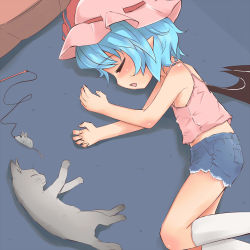 Rule 34 | 1girl, alternate costume, bad id, bad pixiv id, bat wings, blue hair, camisole, cat, contemporary, cutoffs, denim, denim shorts, closed eyes, female focus, flat chest, lying, madhand, midriff, on floor, on side, pointy ears, remilia scarlet, short hair, shorts, sleeping, solo, touhou, toy mouse, wings