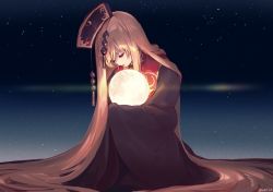 Rule 34 | 1girl, absurdly long hair, ainy, black dress, black hat, blonde hair, chinese clothes, closed eyes, dress, glowing, hat, holding, junko (touhou), light trail, long hair, long sleeves, looking down, moon, moonlight, sad, sidelocks, signature, sky, sleeves past wrists, solo, star (sky), starry sky, tabard, tassel, touhou, very long hair, wide sleeves