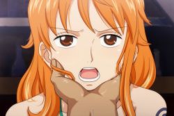 Rule 34 | 1boy, 1girl, bare shoulders, brown eyes, collarbone, earrings, eyebrows, fukuro ooji, grabbing another&#039;s chin, hair over shoulder, hand on another&#039;s chin, jewelry, long hair, looking at viewer, nami (one piece), nose, nostrils, one piece, open mouth, orange hair, portrait, shoulder tattoo, simple background, tattoo, teeth, tongue, upper body