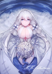 Rule 34 | 1girl, absurdres, azur lane, blue eyes, bouquet, breasts, bridal veil, character name, cleavage, closed mouth, dress, dress flower, flower, hair flower, hair ornament, highres, holding, holding bouquet, holding flower, illustrious (azur lane), illustrious (morning star of love and hope) (azur lane), jewelry, large breasts, long hair, looking at viewer, ring, smile, solo, veil, wedding, wedding band, wedding dress, white dress, white hair, yukineko