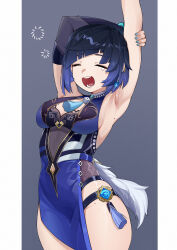 Rule 34 | 1girl, = =, absurdres, armpits, arms up, blue dress, blue hair, blue nails, blunt bangs, breasts, cleavage, closed eyes, commentary request, cowboy shot, dress, genshin impact, highres, large breasts, nail polish, short hair, sleeveless, sleeveless dress, solo, standing, tears, thighs, yelan (genshin impact), yueyueyue yao