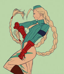 Rule 34 | arm guards, armband, boots, braid, cammy white, camouflage, hat, high collar, highres, kris anka, military hat, necktie, scar, scar on face, street fighter, street fighter zero (series), twin braids, yellow necktie