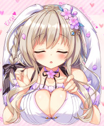 Rule 34 | 1girl, ameto yuki, animal ears, artist name, bare shoulders, black bow, blush, bow, braid, breasts, character name, cherry blossoms, cleavage, cleavage cutout, closed eyes, clothing cutout, detached sleeves, diagonal stripes, ecru (ameto yuki), flower, hair between eyes, hair bow, hair flower, hair ornament, hairclip, heart, heart cutout, incoming kiss, large breasts, light brown hair, long hair, off-shoulder shirt, off shoulder, original, parted lips, petals, pink flower, puffy short sleeves, puffy sleeves, purple sleeves, rabbit ears, shirt, short sleeves, side braid, single braid, solo, striped, striped background, striped bow, white shirt