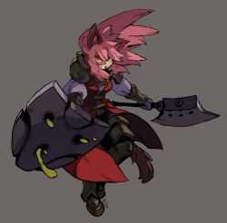 Rule 34 | 1girl, animal ears, armor, axe, clenched teeth, commentary, dress, english commentary, floating hair, full body, furry, furry female, greaves, grey background, holding, holding axe, holding shield, holding weapon, looking at viewer, armored boots, niking, original, pauldrons, pink hair, red dress, sharp teeth, shield, shoulder armor, signature, simple background, solo, tail, teeth, vomit, vomiting, weapon, yellow eyes