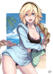 Rule 34 | 1girl, :d, bag, beach, bikini, black bikini, black hairband, blonde hair, blue eyes, blue hoodie, blue sky, braid, breasts, cleavage, collarbone, commentary request, contrapposto, cowboy shot, day, fate/grand order, fate (series), floating hair, hair between eyes, hairband, handbag, highres, holding, holding bag, hood, hoodie, horizon, jeanne d&#039;arc (fate), jeanne d&#039;arc (ruler) (fate), jeanne d&#039;arc (swimsuit archer) (fate), jeanne d&#039;arc (swimsuit archer) (first ascension) (fate), large breasts, long hair, looking at viewer, navel, no pants, ocean, open mouth, outdoors, palm tree, partially unzipped, re (re 09), sand, shiny skin, sidelocks, signature, single braid, sky, smile, solo, standing, striped, swimsuit, tree, very long hair, zipper