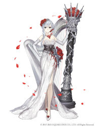 Rule 34 | 1girl, asymmetrical bangs, blood, blood on clothes, corset, dress, elbow gloves, flower, full body, gloves, grey eyes, grey hair, hair flower, hair ornament, harp, high heels, instrument, ji no, looking at viewer, official art, petals, rose, sinoalice, snow white (sinoalice), solo, square enix, white background, white dress, white gloves